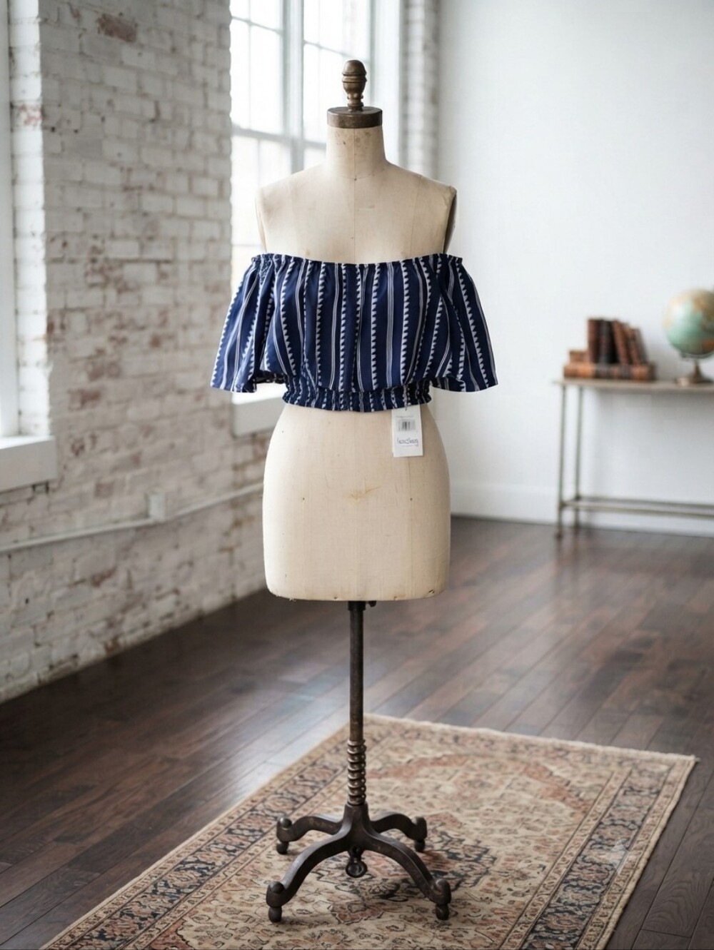 Lemlem Navy and White Off-Shoulder Stripe Crop Top